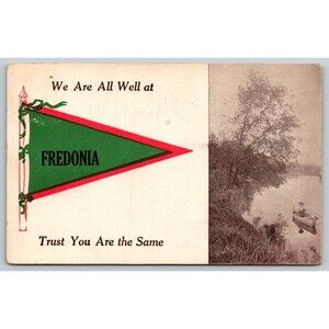 Postcard Kansas Fredonia We Are All Well Trust You The Same  Rowboat Pennant KS